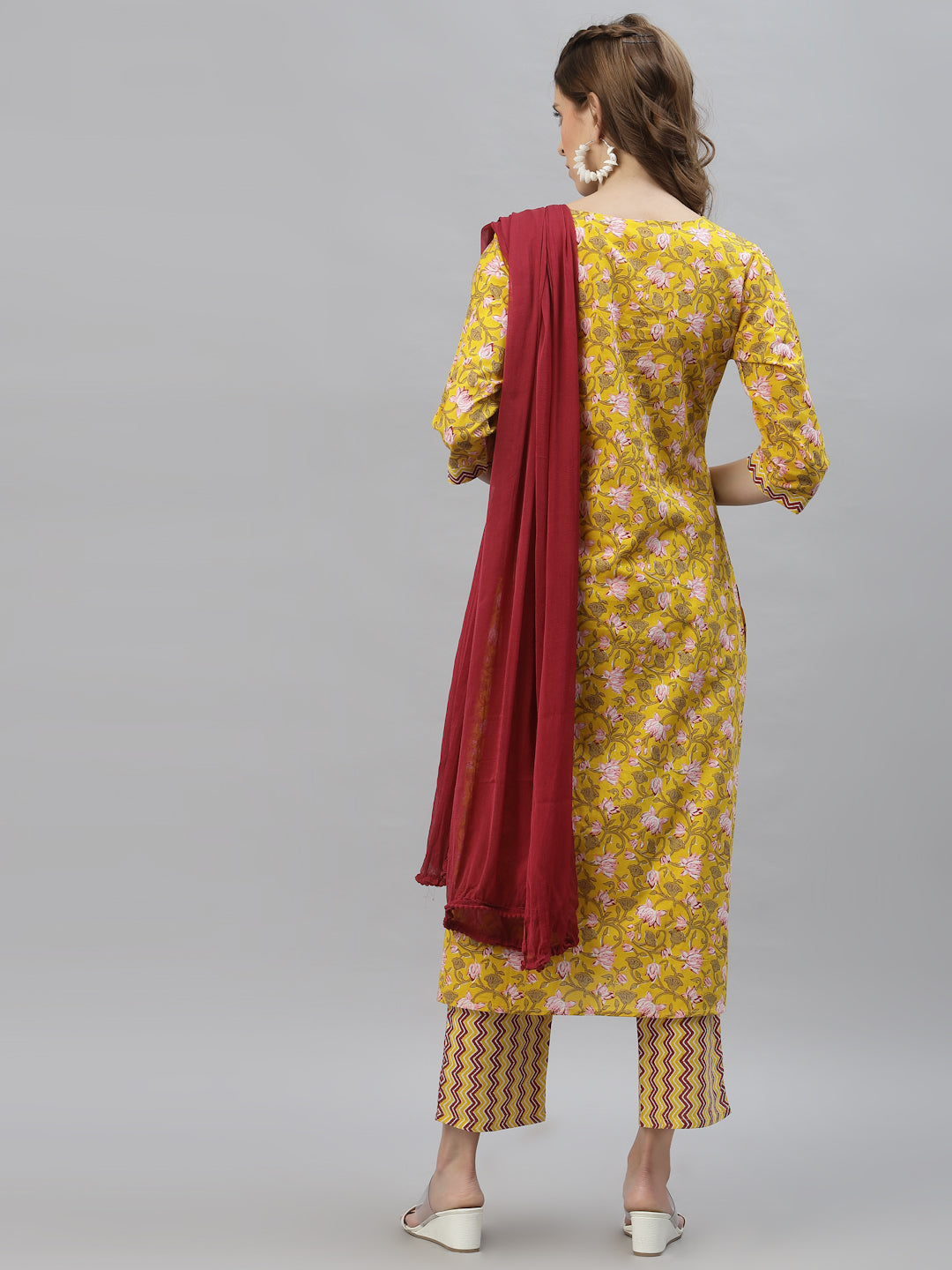 Floral Printed Cotton Straight Kurta Pant Dupatta Set