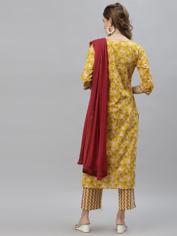 Floral Printed Cotton Straight Kurta Pant Dupatta Set