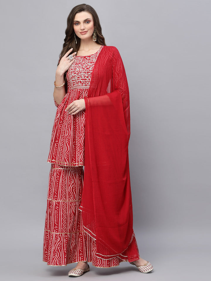 Bandhej Printed &amp; Embroidered Kurta Sharara Dupatta Set