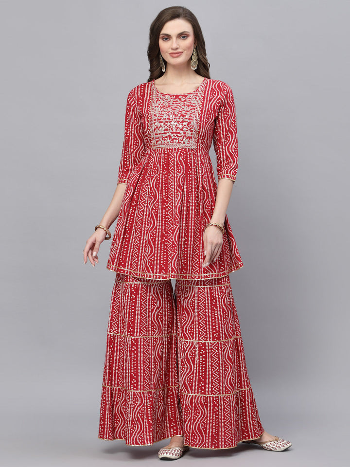 Bandhej Printed &amp; Embroidered Kurta Sharara Dupatta Set
