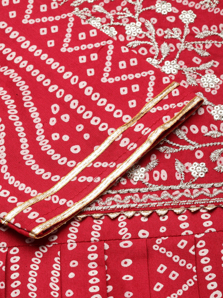 Bandhej Printed &amp; Embroidered Kurta Sharara Dupatta Set