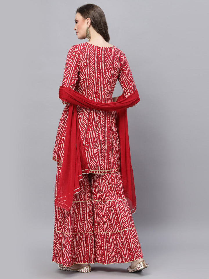 Bandhej Printed &amp; Embroidered Kurta Sharara Dupatta Set