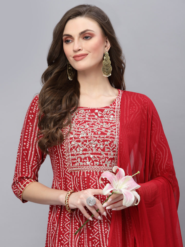 Bandhej Printed &amp; Embroidered Kurta Sharara Dupatta Set