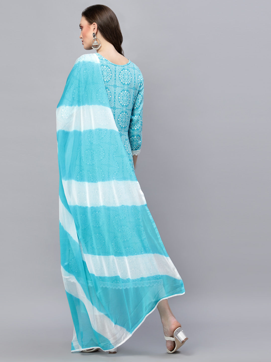 Bandhej Printed &amp; Embroidered Anarkali Kurta Pant Dupatta Set