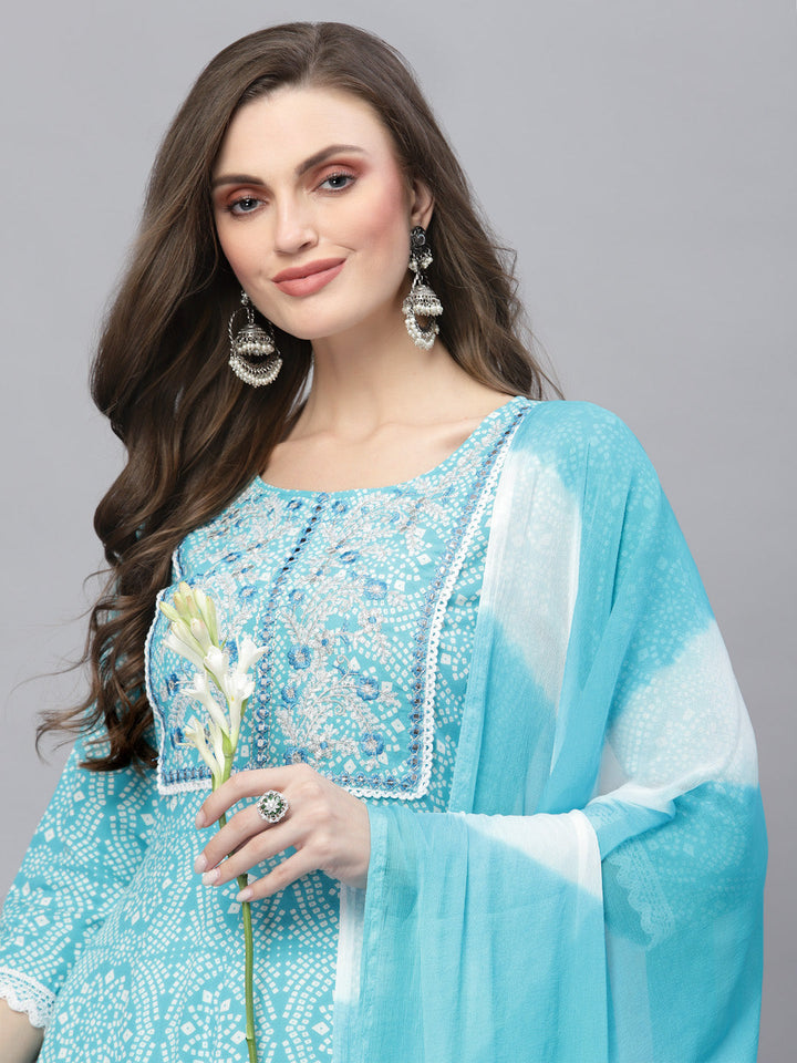 Bandhej Printed &amp; Embroidered Anarkali Kurta Pant Dupatta Set