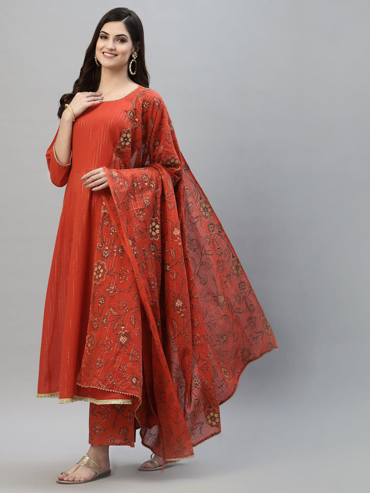 Floral Printed Cotton Anarkali Kurta Palazzo Dupatta Set