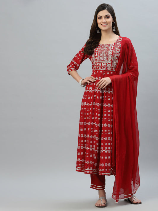 Printed Rayon Embroidered Anarkali Kurta Pant Dupatta Set