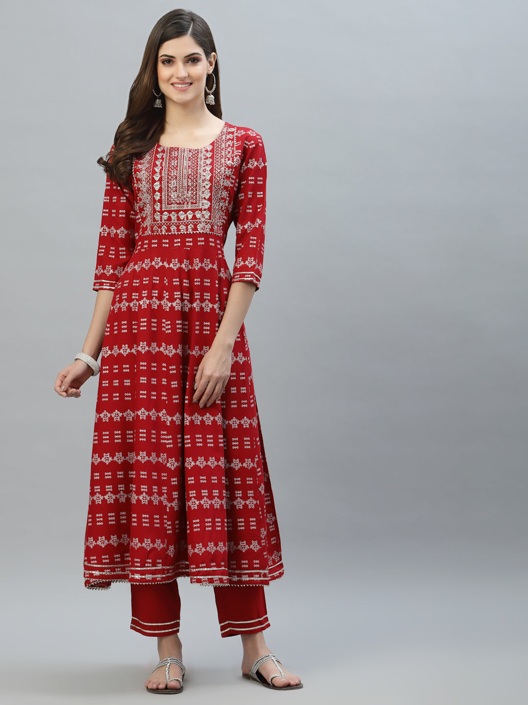 Printed Rayon Embroidered Anarkali Kurta Pant Dupatta Set