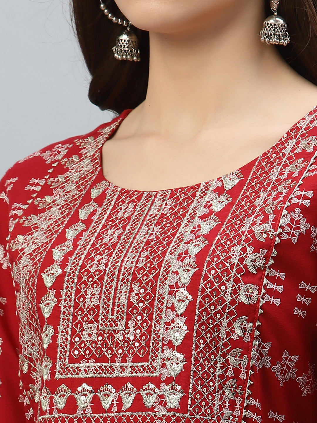 Printed Rayon Embroidered Anarkali Kurta Pant Dupatta Set