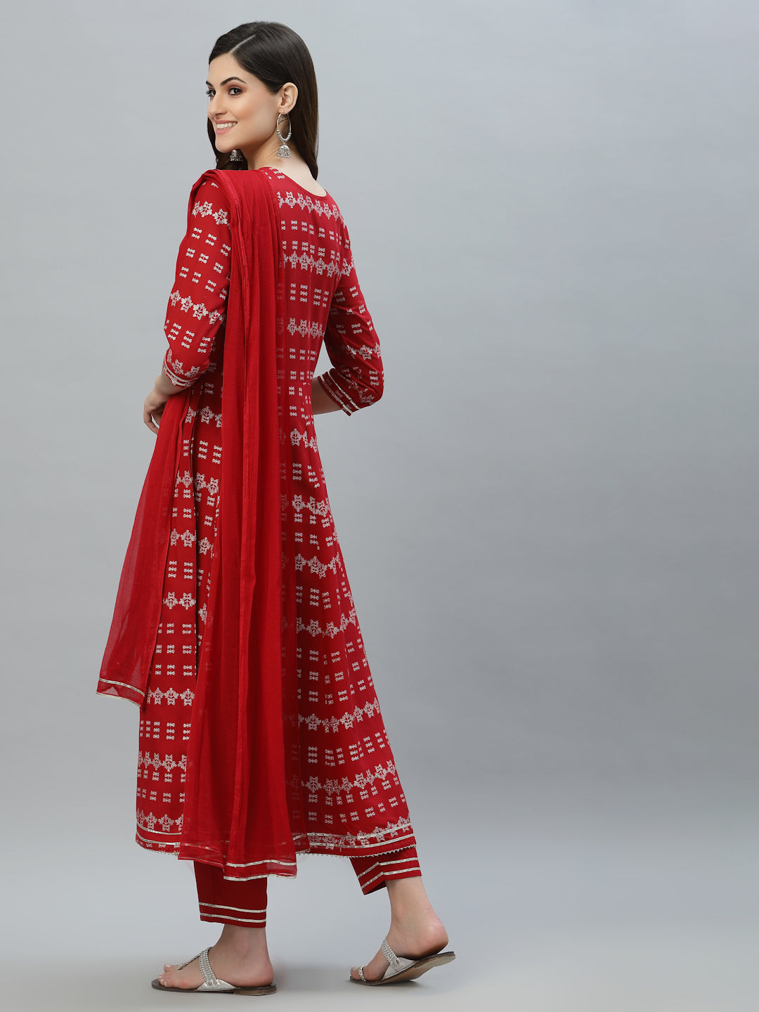 Printed Rayon Embroidered Anarkali Kurta Pant Dupatta Set