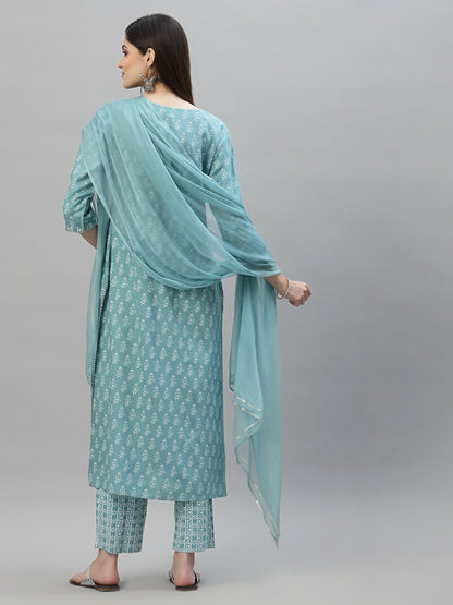 Floral Printed Rayon Kurta Pant Dupatta Set