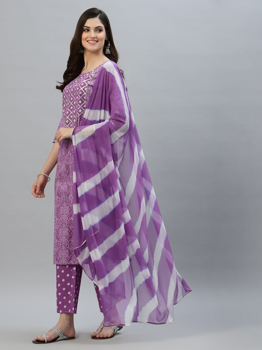 Bandhej Printed Rayon Kurta Pant Dupatta Set