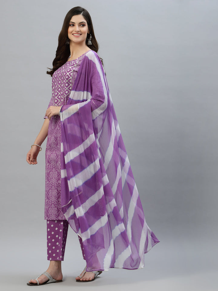 Bandhej Printed Rayon Kurta Pant Dupatta Set