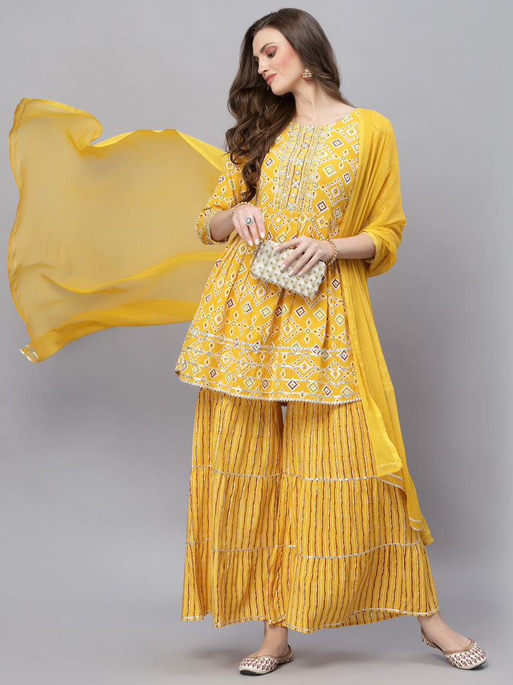 Printed &amp; Embroidered Rayon Kurta Sharara Dupatta Set