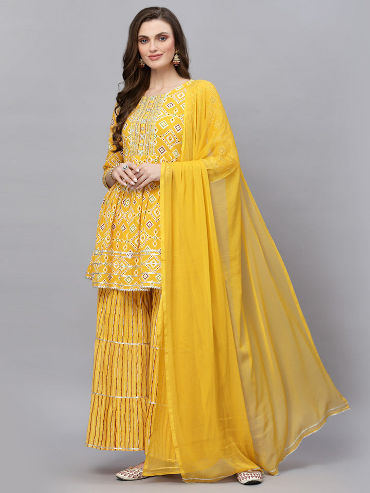 Printed &amp; Embroidered Rayon Kurta Sharara Dupatta Set