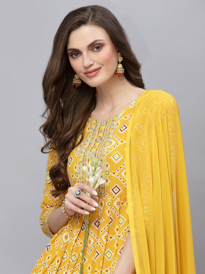 Printed &amp; Embroidered Rayon Kurta Sharara Dupatta Set