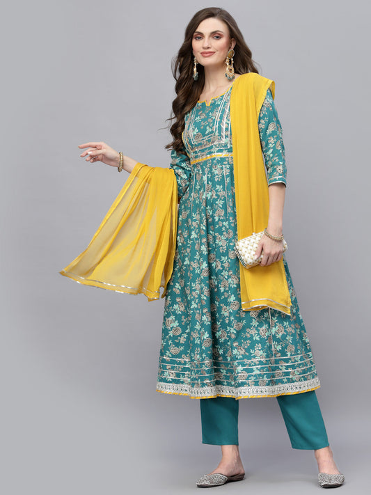 Floral Printed Rayon Anarkali Kurta Pant Dupatta Set