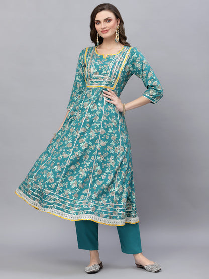 Floral Printed Rayon Anarkali Kurta Pant Dupatta Set
