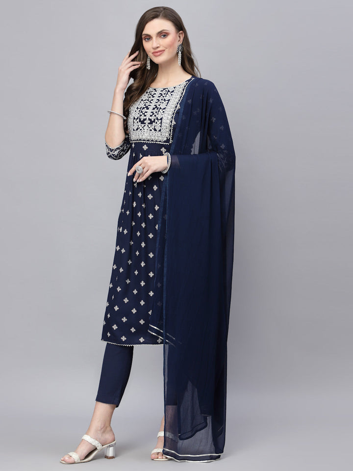 Printed &amp; Embroidered Rayon Straight Kurta Pant Dupatta Set