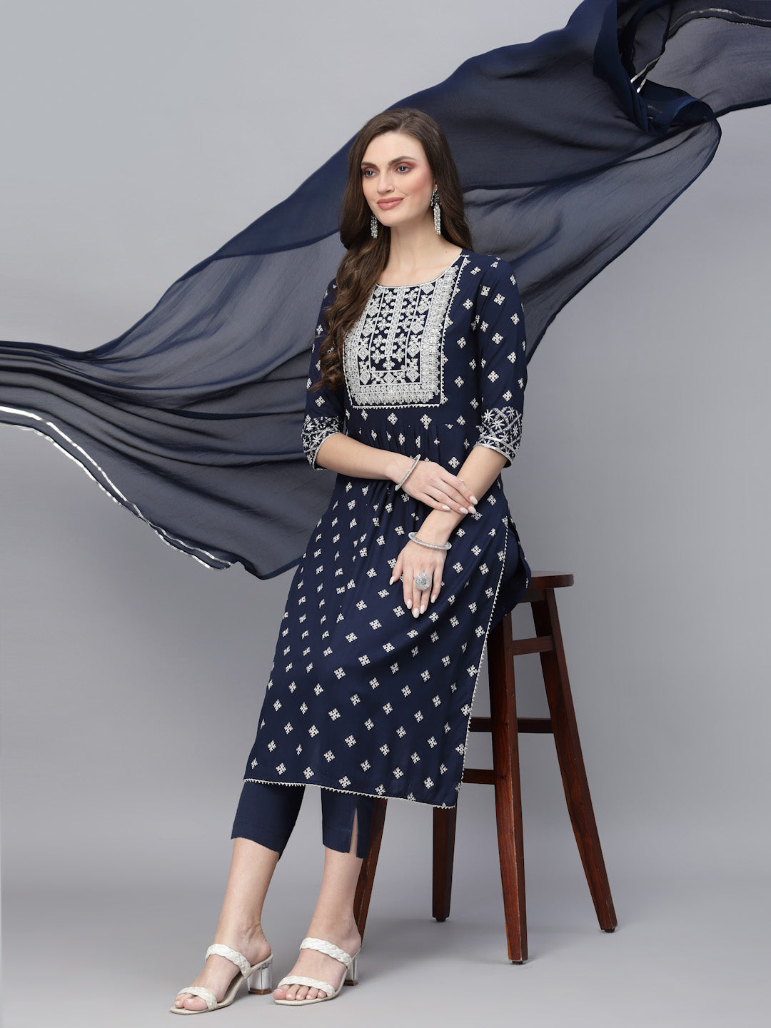 Printed &amp; Embroidered Rayon Straight Kurta Pant Dupatta Set