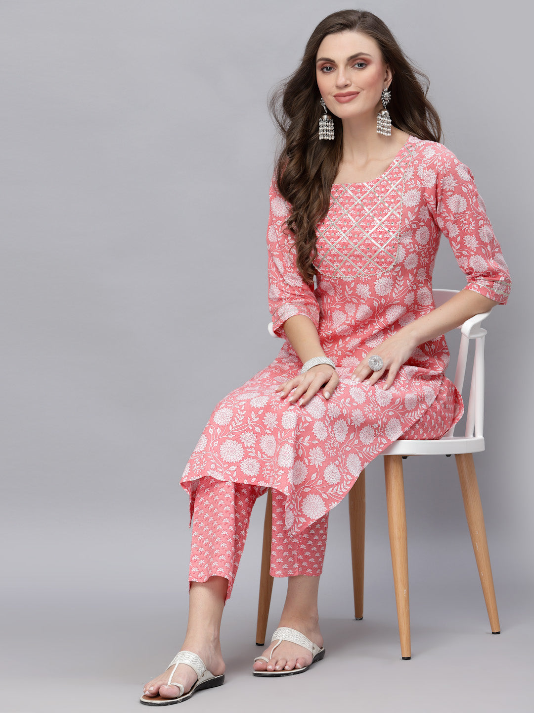 Floral Printed &amp; Embellished Rayon Straight Kurta Pant Set