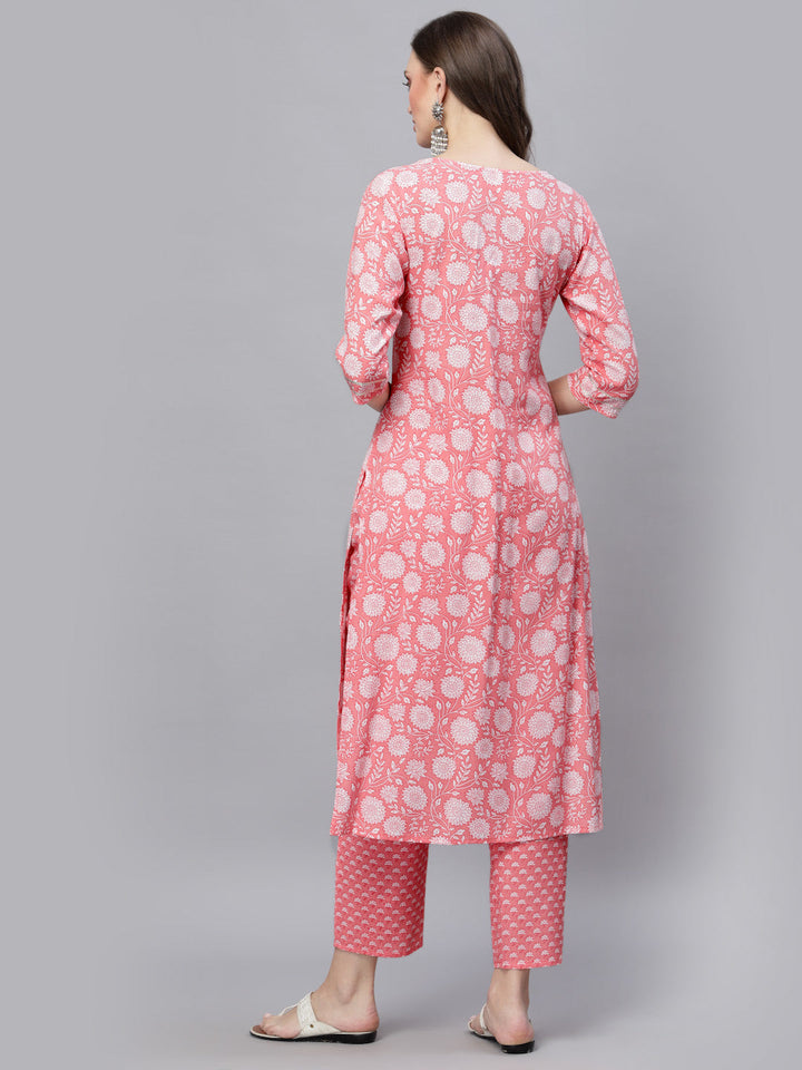 Floral Printed &amp; Embellished Rayon Straight Kurta Pant Set
