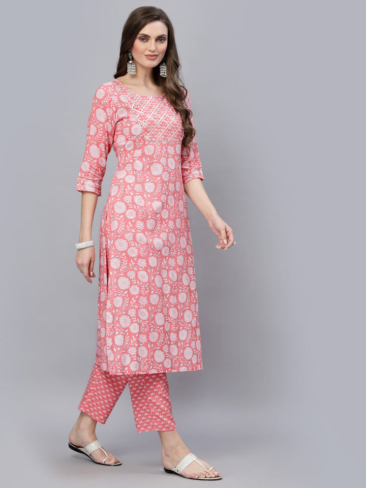 Floral Printed &amp; Embellished Rayon Straight Kurta Pant Set