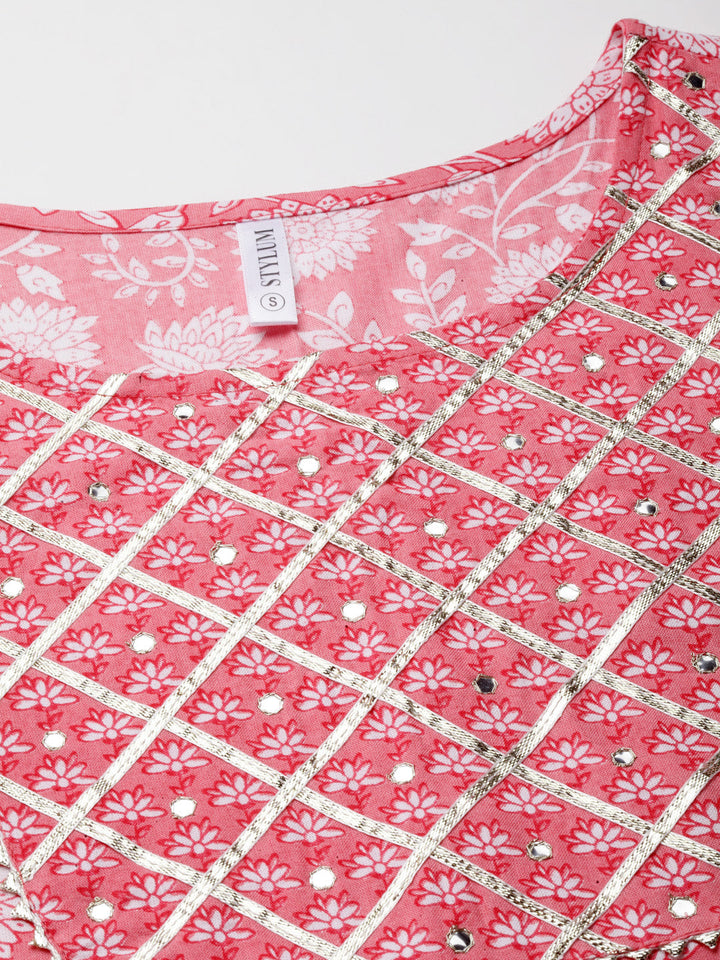 Floral Printed &amp; Embellished Rayon Straight Kurta Pant Set