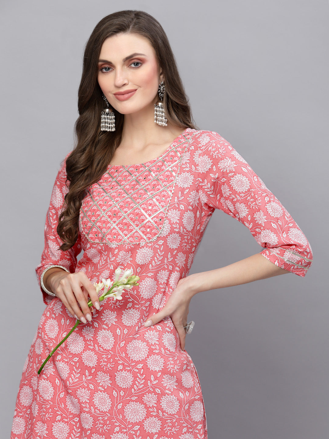 Floral Printed &amp; Embellished Rayon Straight Kurta Pant Set
