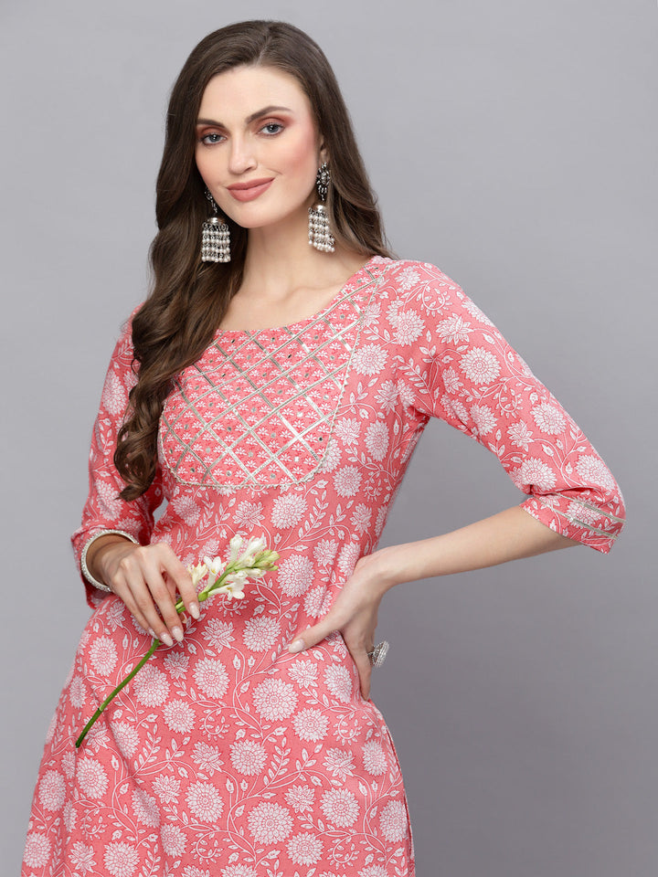 Floral Printed &amp; Embellished Rayon Straight Kurta Pant Set