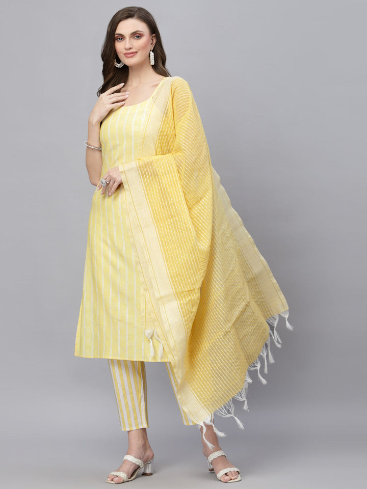 Woven designed Cotton Blend Straight Kurta Pant Dupatta Set