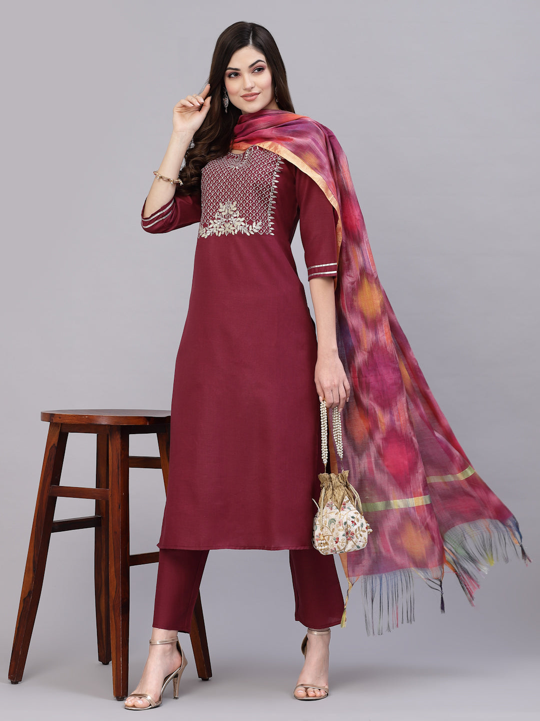 Embroidered Cotton Blend Straight Kurta Pant Dupatta Set