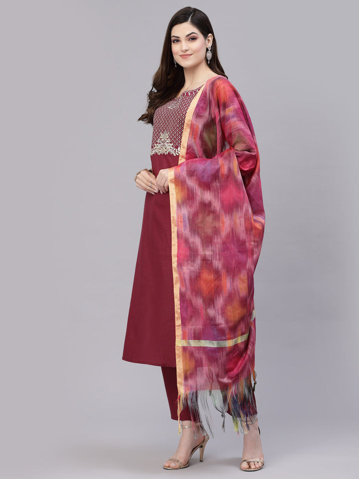 Embroidered Cotton Blend Straight Kurta Pant Dupatta Set