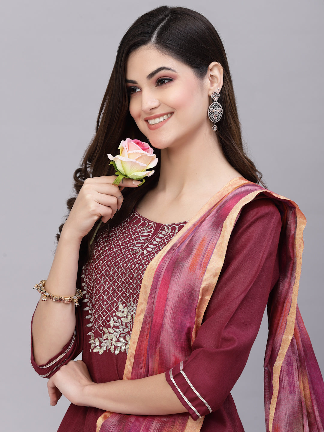 Embroidered Cotton Blend Straight Kurta Pant Dupatta Set