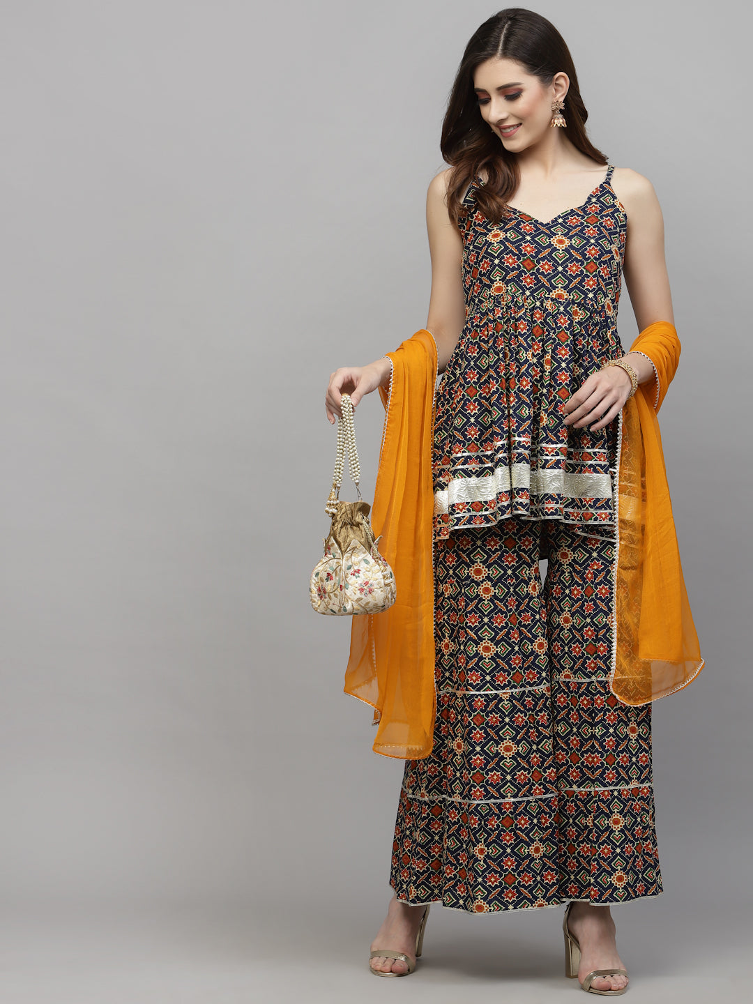 Printed Rayon Kurta Sharara Dupatta Set