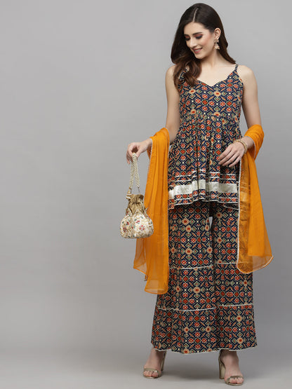 Printed Rayon Kurta Sharara Dupatta Set