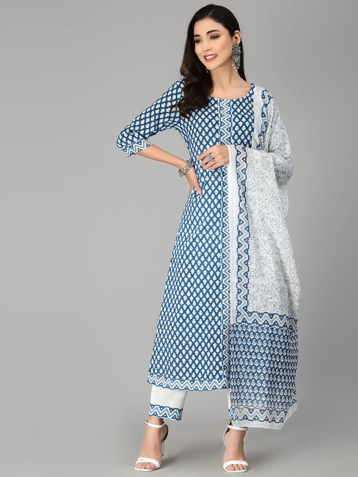 Printed Cotton Flared Kurta Pant Dupatta Set