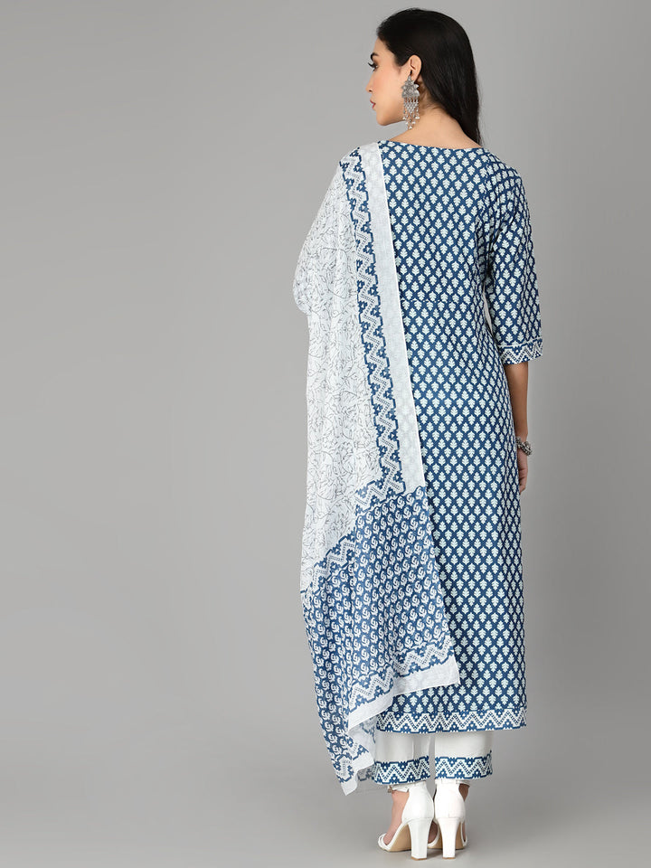 Printed Cotton Flared Kurta Pant Dupatta Set