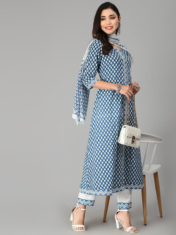 Printed Cotton Flared Kurta Pant Dupatta Set