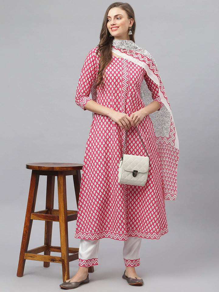 Printed Cotton Flared Kurta Pant Dupatta Set
