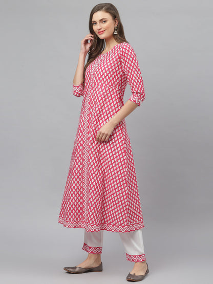 Printed Cotton Flared Kurta Pant Dupatta Set