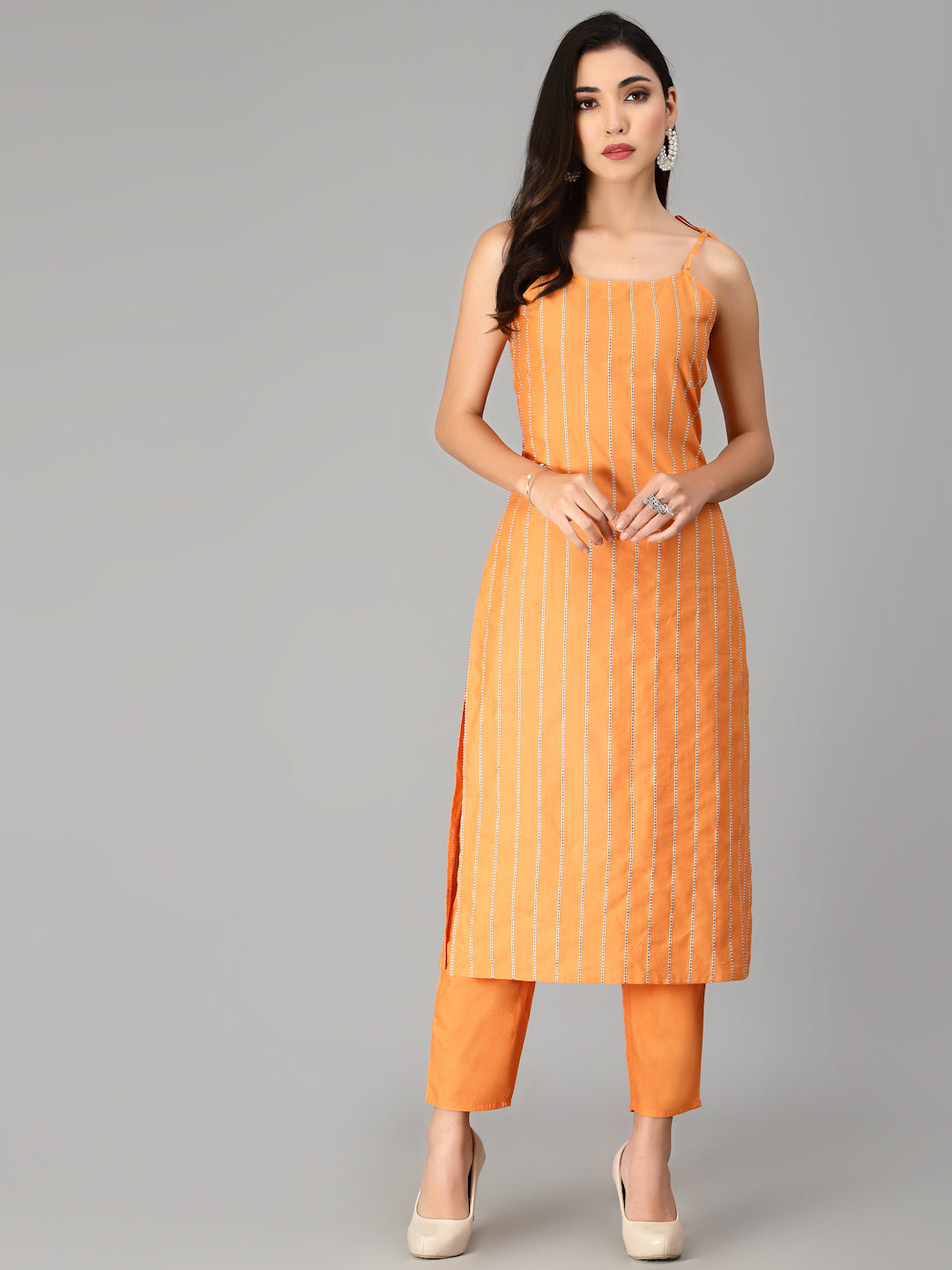 Striped Cotton Blend Straight Kurta Pant Dupatta Set