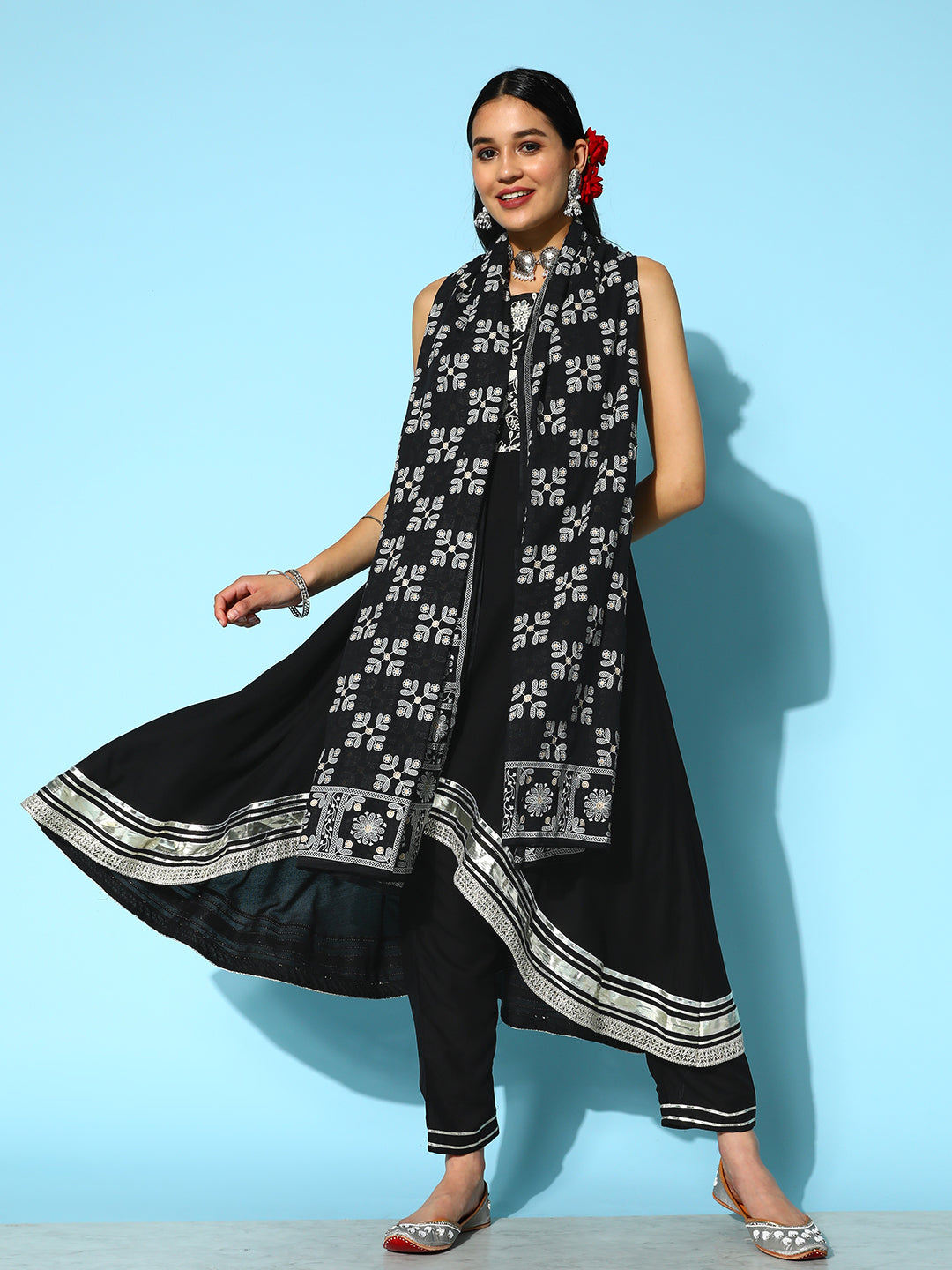 Embroidered Rayon Asymmetrical Kurta Pant Dupatta Set