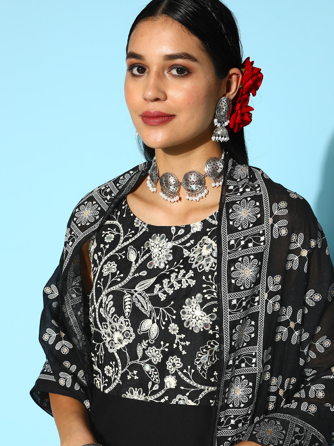 Embroidered Rayon Asymmetrical Kurta Pant Dupatta Set