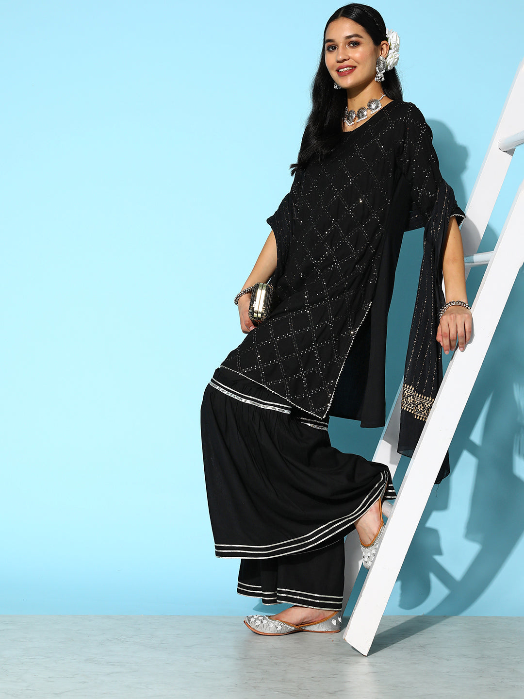 Sequenced Rayon Kurta Sharara Dupatta Set