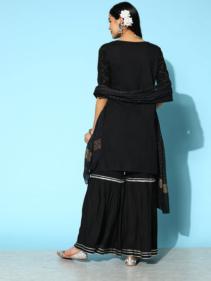Sequenced Rayon Kurta Sharara Dupatta Set
