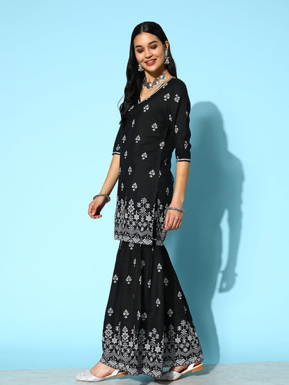 Printed Rayon Kurta Sharara Dupatta Set