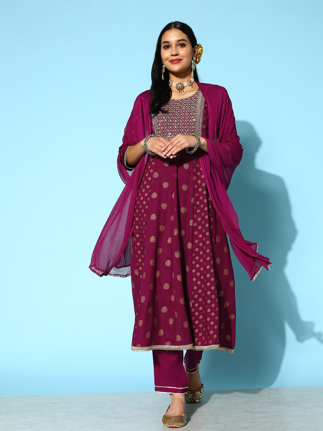 Gold Printed &amp; Embroidered Rayon Kurta Pant Dupatta Set