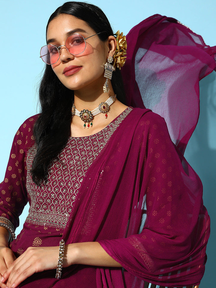 Gold Printed &amp; Embroidered Rayon Kurta Pant Dupatta Set