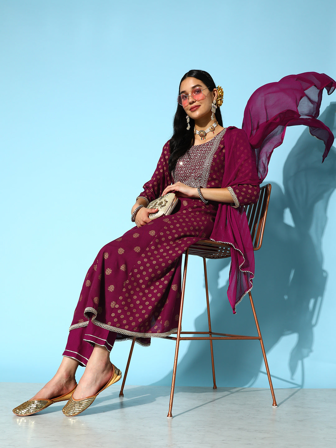 Gold Printed &amp; Embroidered Rayon Kurta Pant Dupatta Set